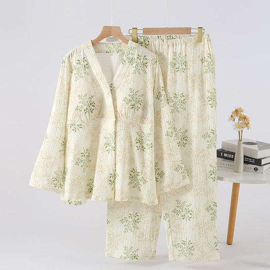 Ensemble pyjama en gaze de coton à motif de feuilles botaniques - Vert et beige - XL - image 0