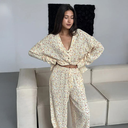 Ensemble pyjama en coton à col en V et motif floral - Beige - XL - image 0