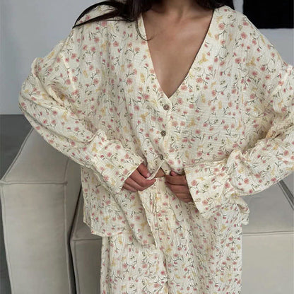 Ensemble pyjama en coton à col en V et motif floral - image 4