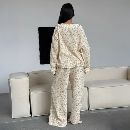 Ensemble pyjama en coton à col en V et motif floral - image 3