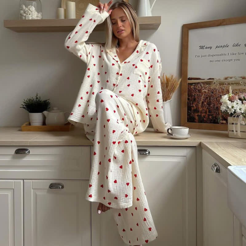 Ensemble pyjama en coton à motif cœur rouge - image 1