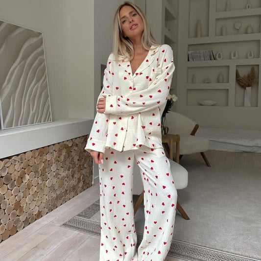 Ensemble pyjama en coton à motif cœur rouge - abricot - XL - image 0
