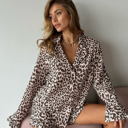 Ensemble pyjama en coton à imprimé léopard et volants - Brun - L - image 5