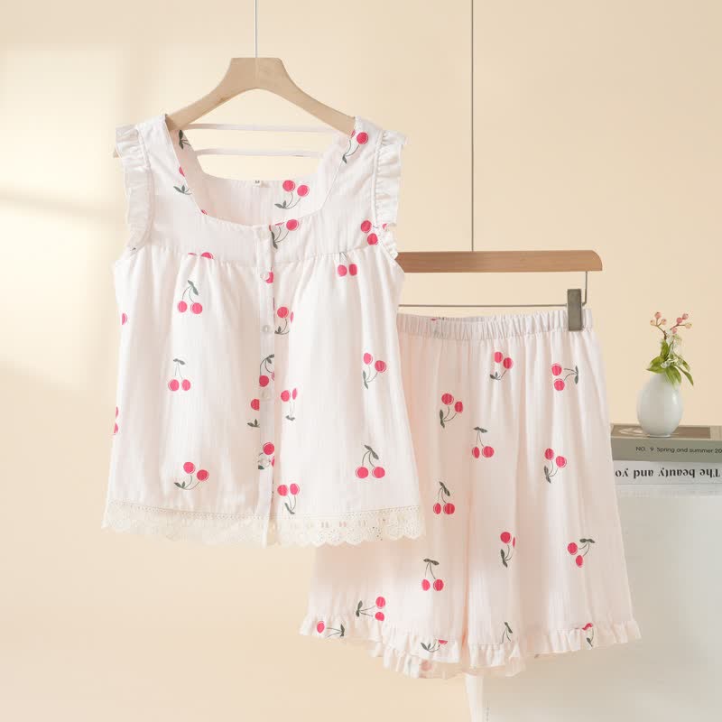 Ensemble pyjama à manches courtes en coton couleur cerise - Rose - XL - image 1
