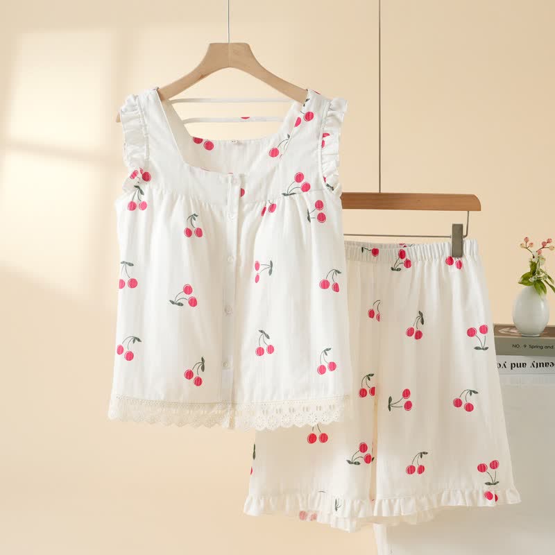 Ensemble pyjama à manches courtes en coton couleur cerise - Blanc - XL - image 0