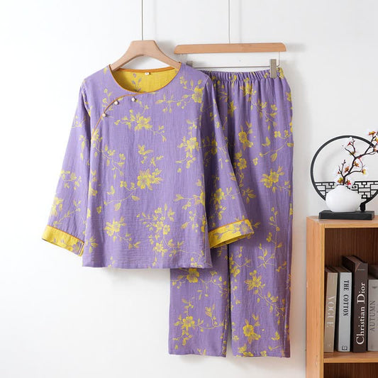 Pyjama en coton d'inspiration asiatique à motifs floraux - Violet - XXL - image 0