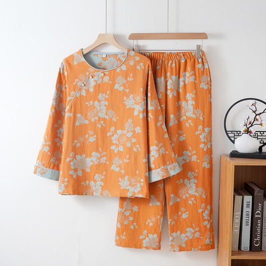 Pyjama vintage en coton à motifs floraux asiatiques - Orange - XXL - image 0