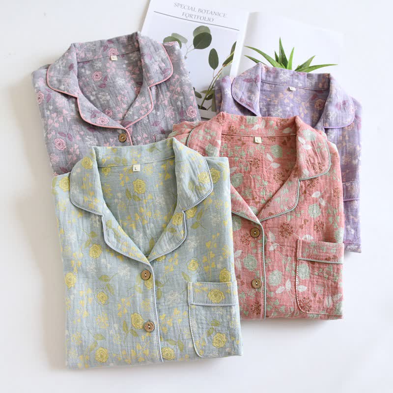 Ensemble pyjama en coton de style vintage avec motif jacquard rose - image 2