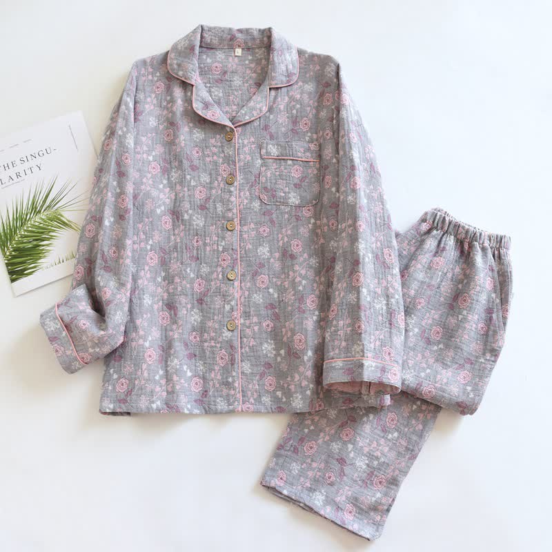 Ensemble pyjama en coton de style vintage avec motif jacquard rose - Gris - XL - image 20