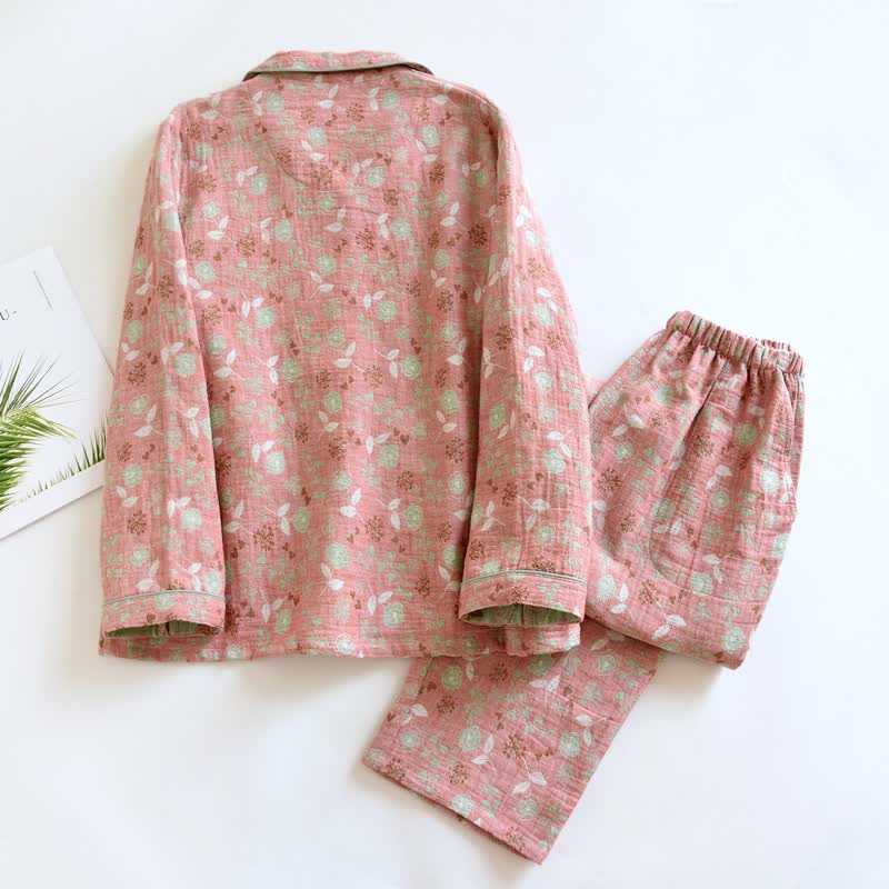 Ensemble pyjama en coton de style vintage avec motif jacquard rose - image 4