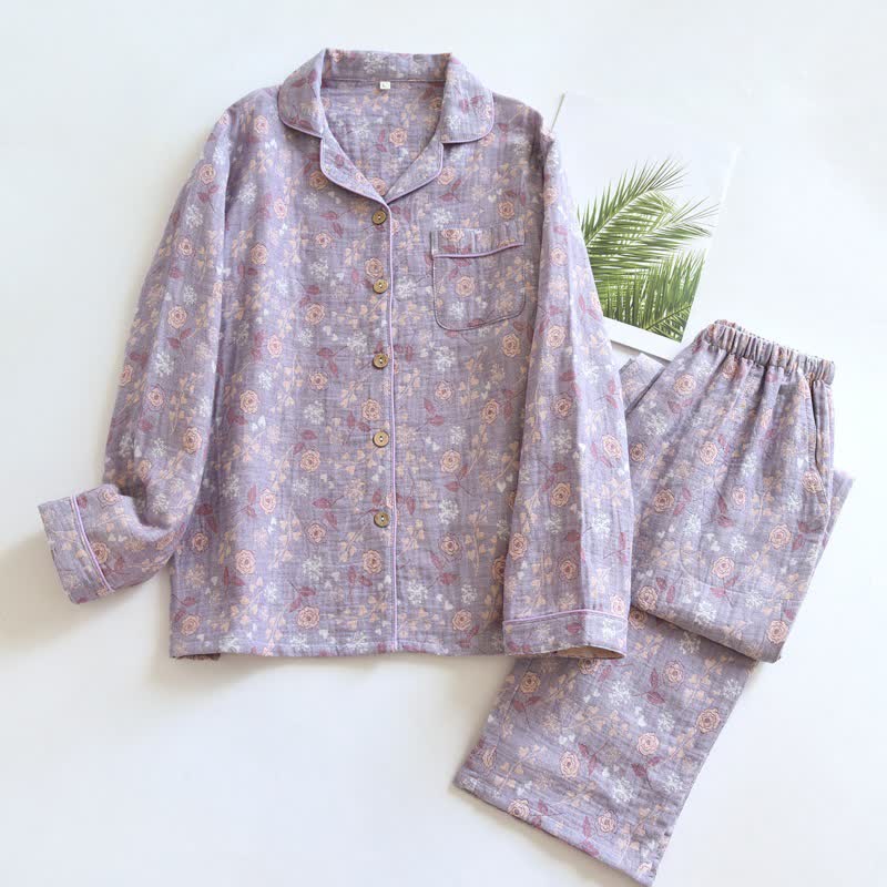 Ensemble pyjama en coton de style vintage avec motif jacquard rose - Violet - XL - image 16
