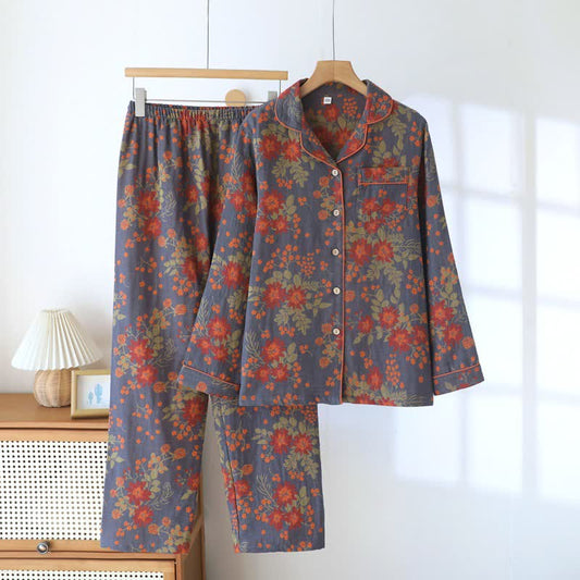 Pyjama en gaze de coton d'inspiration vintage avec un motif floral - Gris - XXL - image 0