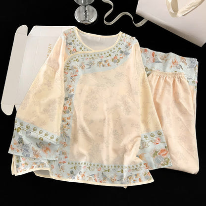 ensemble de pyjama fleuri d'inspiration Hanfu vintage - abricot - XL - image 0