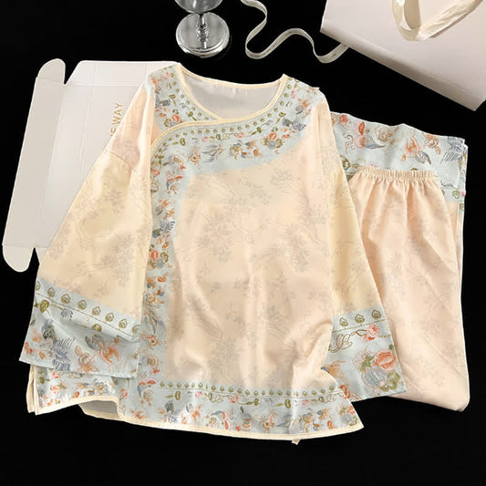 ensemble de pyjama fleuri d'inspiration Hanfu vintage - abricot - XL - image 0