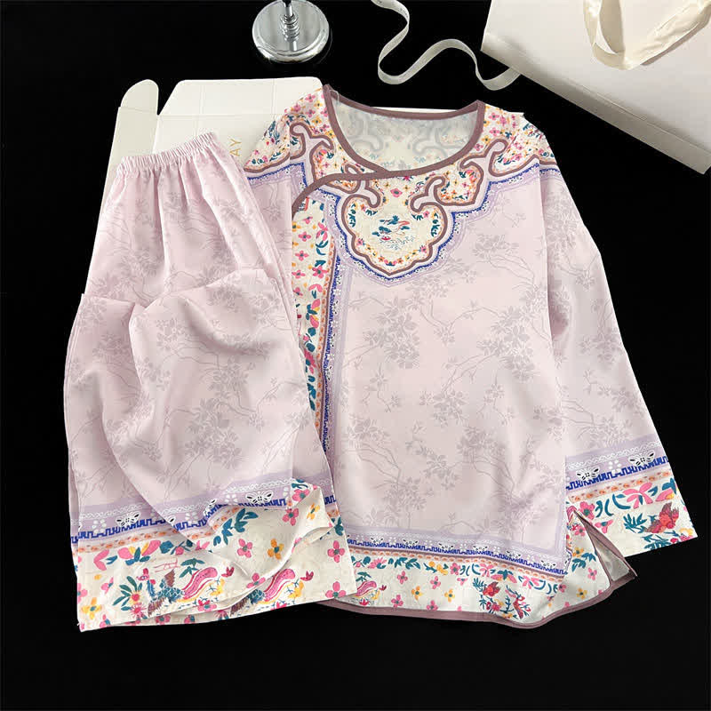Pyjama vintage violet clair de style Hanfu à motifs floraux - image 2