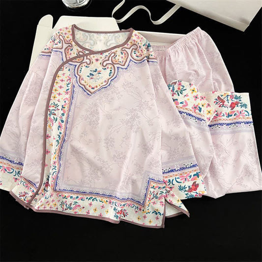 Pyjama vintage violet clair de style Hanfu à motifs floraux - Violet - XL - image 0