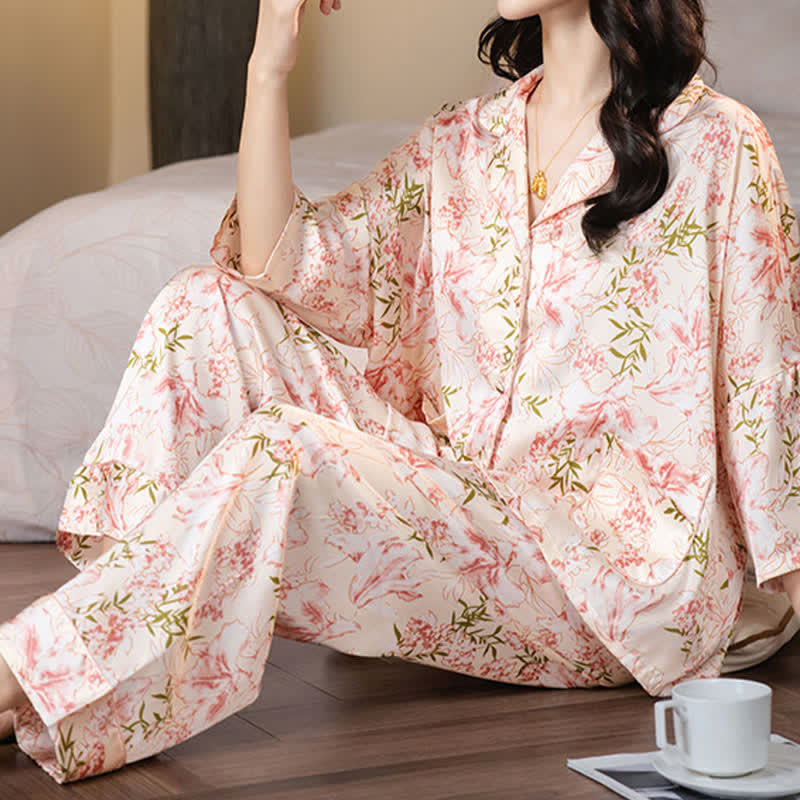 Ensemble pyjama rose rustique à motifs floraux et de feuilles - image 2