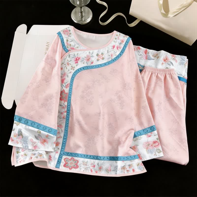 ensemble pyjama fleuri rétro inspiré du Hanfu - Rose - XL - image 2