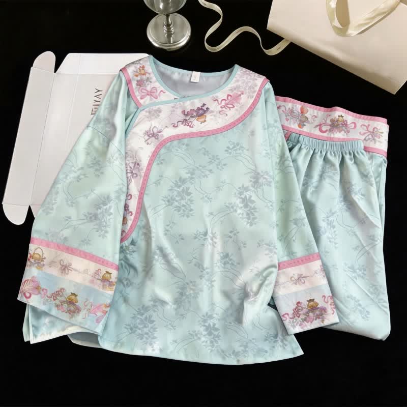 Pyjama bleu clair de style vintage à motifs floraux - Bleu - XL - image 0