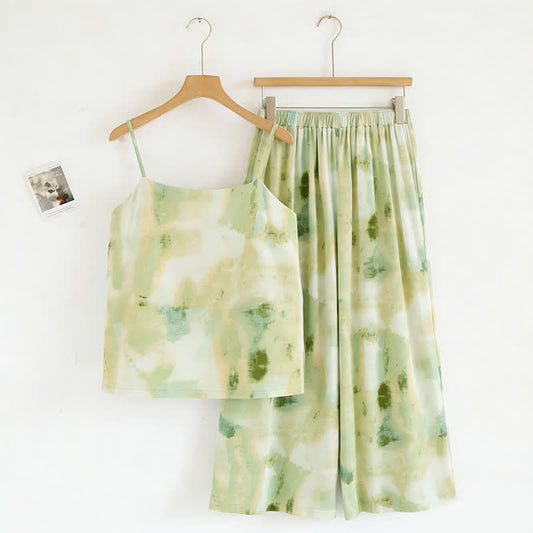 Ensemble de nuit à imprimé artistique à l'encre verte : débardeur et pantalon - Vert - XXL - image 0