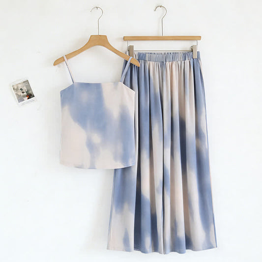 Ensemble de nuit à imprimé bleu artistique : débardeur et pantalon - Bleu - XXL - image 0