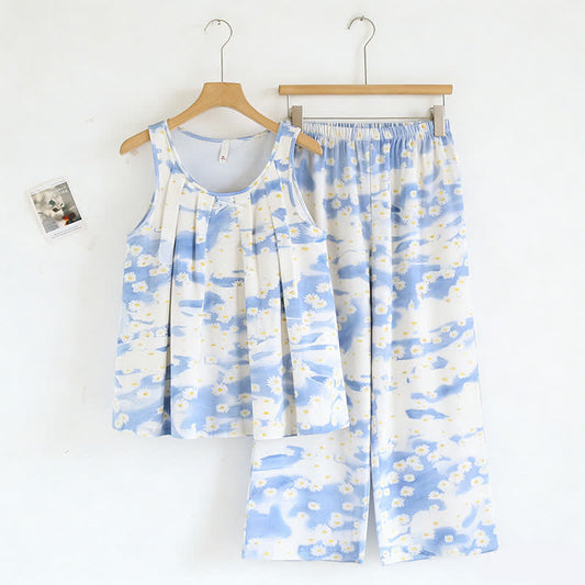 Ensemble de nuit Daisy en coton, débardeur et pantalon - Bleu - XXL - image 0