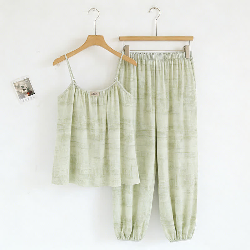 Ensemble de nuit en coton d'inspiration artistique, évoquant l'aquarelle : débardeur et pantalon - Vert - XXL - image 11
