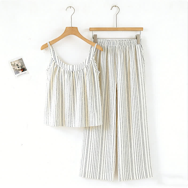 Ensemble pyjama minimaliste rayé sans manches en coton - Beige - XL - image 10