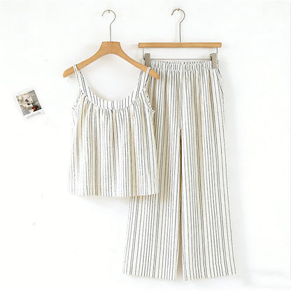 Ensemble pyjama minimaliste rayé sans manches en coton - Beige - XL - image 10