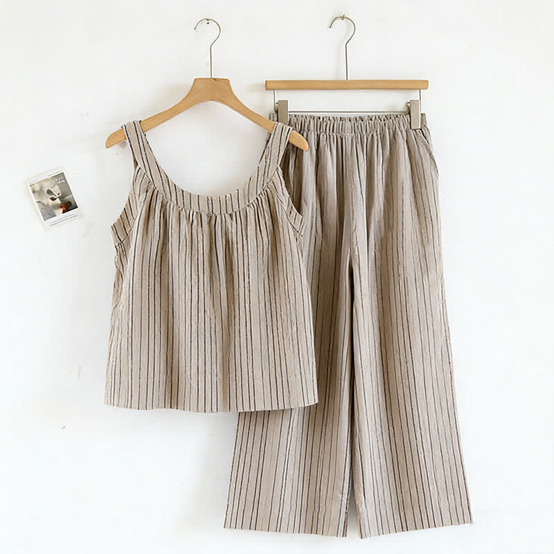 Ensemble pyjama minimaliste rayé sans manches en coton - Brun - XL - image 6