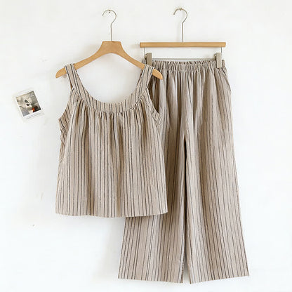 Ensemble pyjama minimaliste rayé sans manches en coton - Brun - XL - image 6