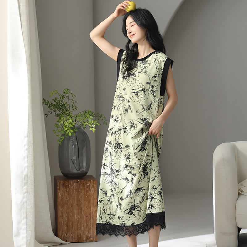 Chemise de nuit artistique sans manches en coton à motif floral et dentelle - image 2