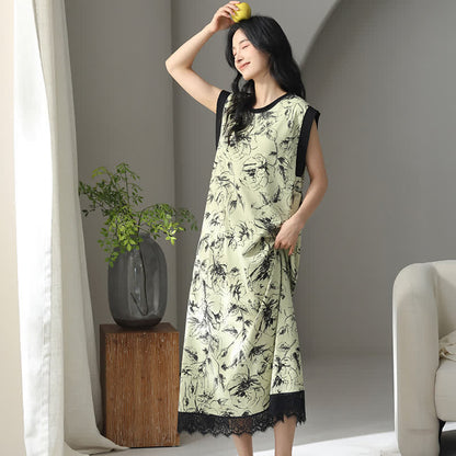 Chemise de nuit artistique sans manches en coton à motif floral et dentelle - image 2