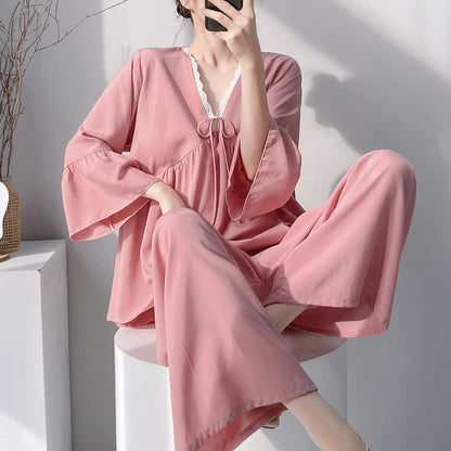 Ensemble pyjama à col en V et bordure en dentelle - Rose - XXL - image 16
