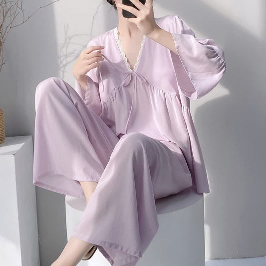 Ensemble pyjama à col en V et bordure en dentelle - Violet - XXL - image 0