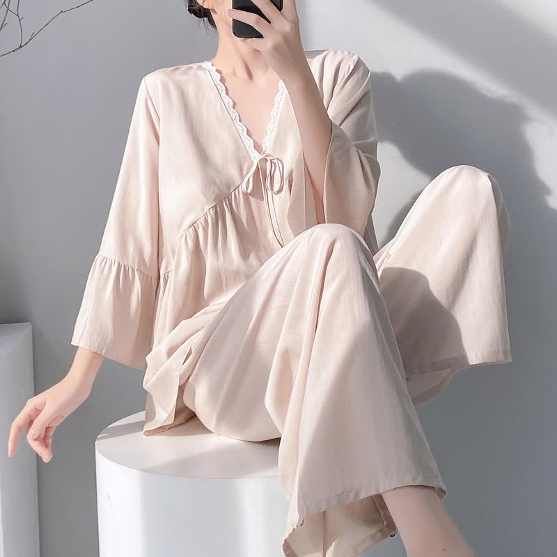 Ensemble pyjama à col en V et bordure en dentelle - Beige - XXL - image 12