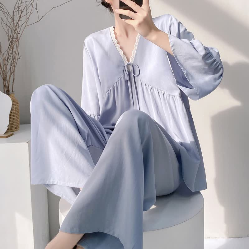 Ensemble pyjama à col en V et bordure en dentelle - Bleu - XXL - image 6