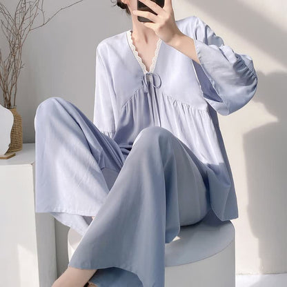 Ensemble pyjama à col en V et bordure en dentelle - Bleu - XXL - image 6