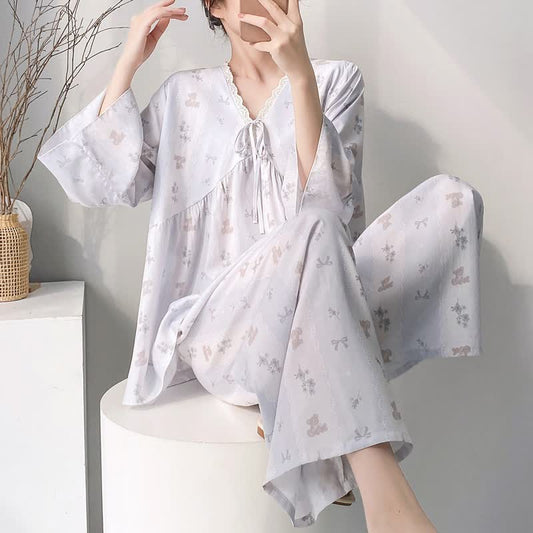 Ensemble pyjama à motif floral et nœud, col en V et bordure en dentelle - Gris - XXL - image 0