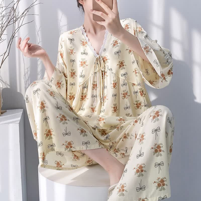 Pyjama rustique à bordures fleuries et à nœuds - Beige - XXL - image 0