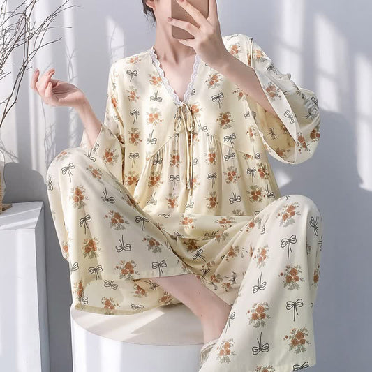 Pyjama rustique à bordures fleuries et à nœuds - Beige - XXL - image 0