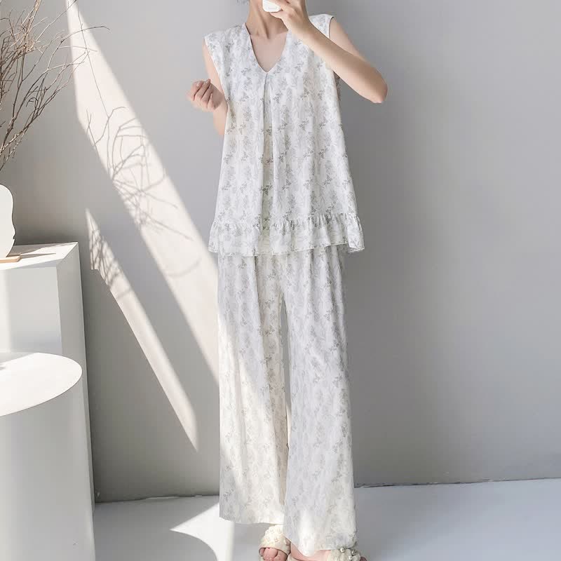 Ensemble pyjama élégant à motif de feuilles : débardeur et pantalon - image 1