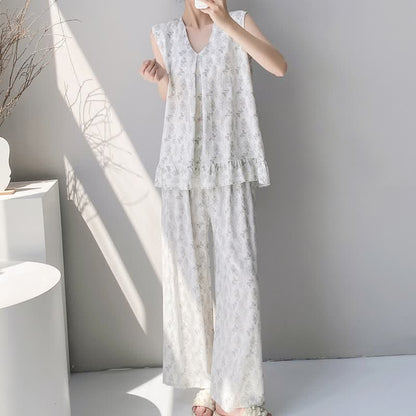 Ensemble pyjama élégant à motif de feuilles : débardeur et pantalon - image 1