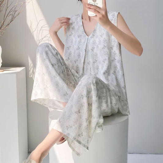 Ensemble pyjama élégant à motif de feuilles : débardeur et pantalon - Vert - XXL - image 0