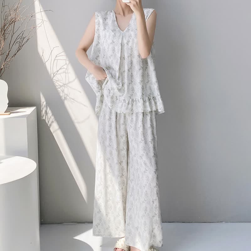 Ensemble pyjama élégant à motif de feuilles : débardeur et pantalon - image 2