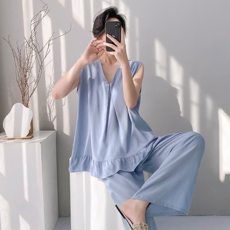 Ensemble pyjama composé d'un débardeur et d'un pantalon de couleur unie - Bleu - XXL - image 7