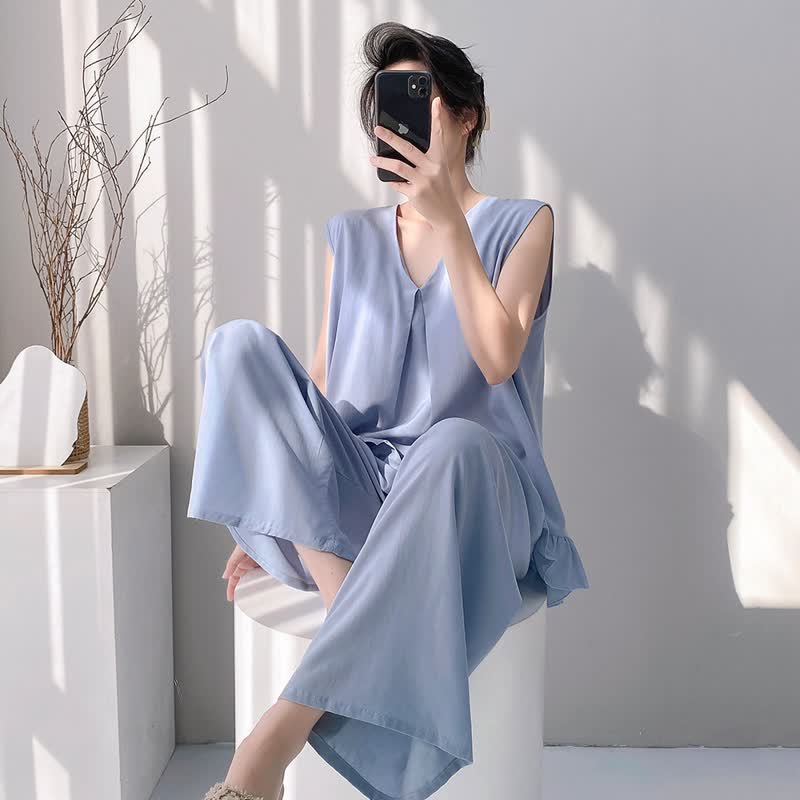 Ensemble pyjama composé d'un débardeur et d'un pantalon de couleur unie - image 9