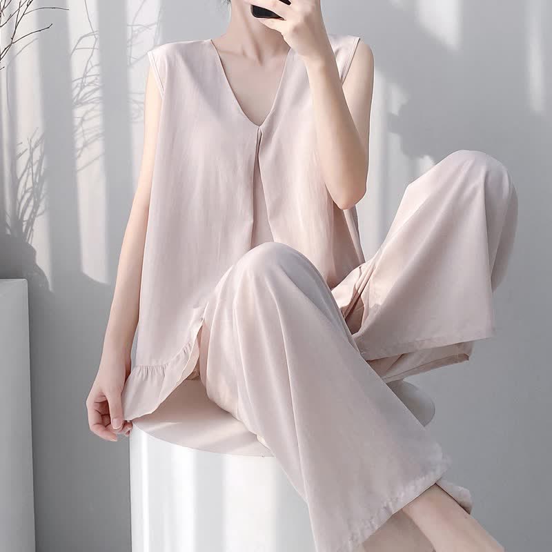 Ensemble pyjama composé d'un débardeur et d'un pantalon de couleur unie - image 3