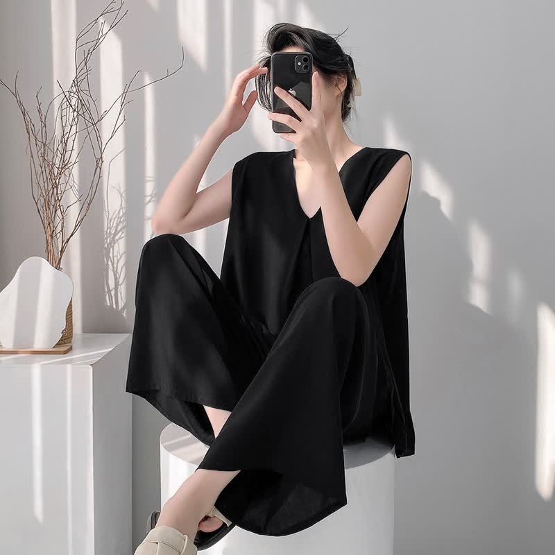 Ensemble pyjama composé d'un débardeur et d'un pantalon de couleur unie - Noir - XXL - image 13