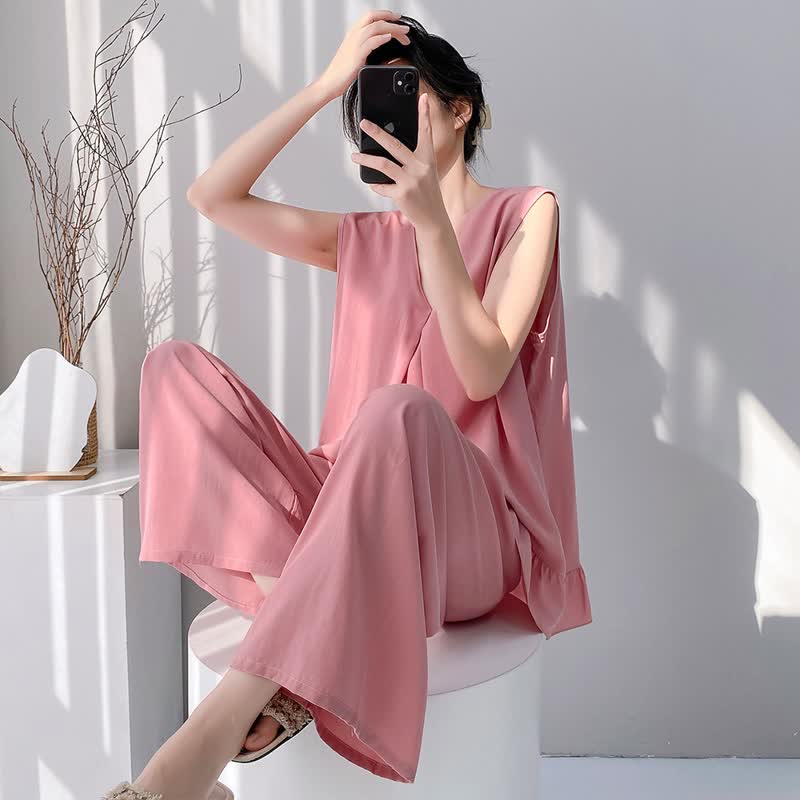 Ensemble pyjama composé d'un débardeur et d'un pantalon de couleur unie - Rose - XXL - image 4